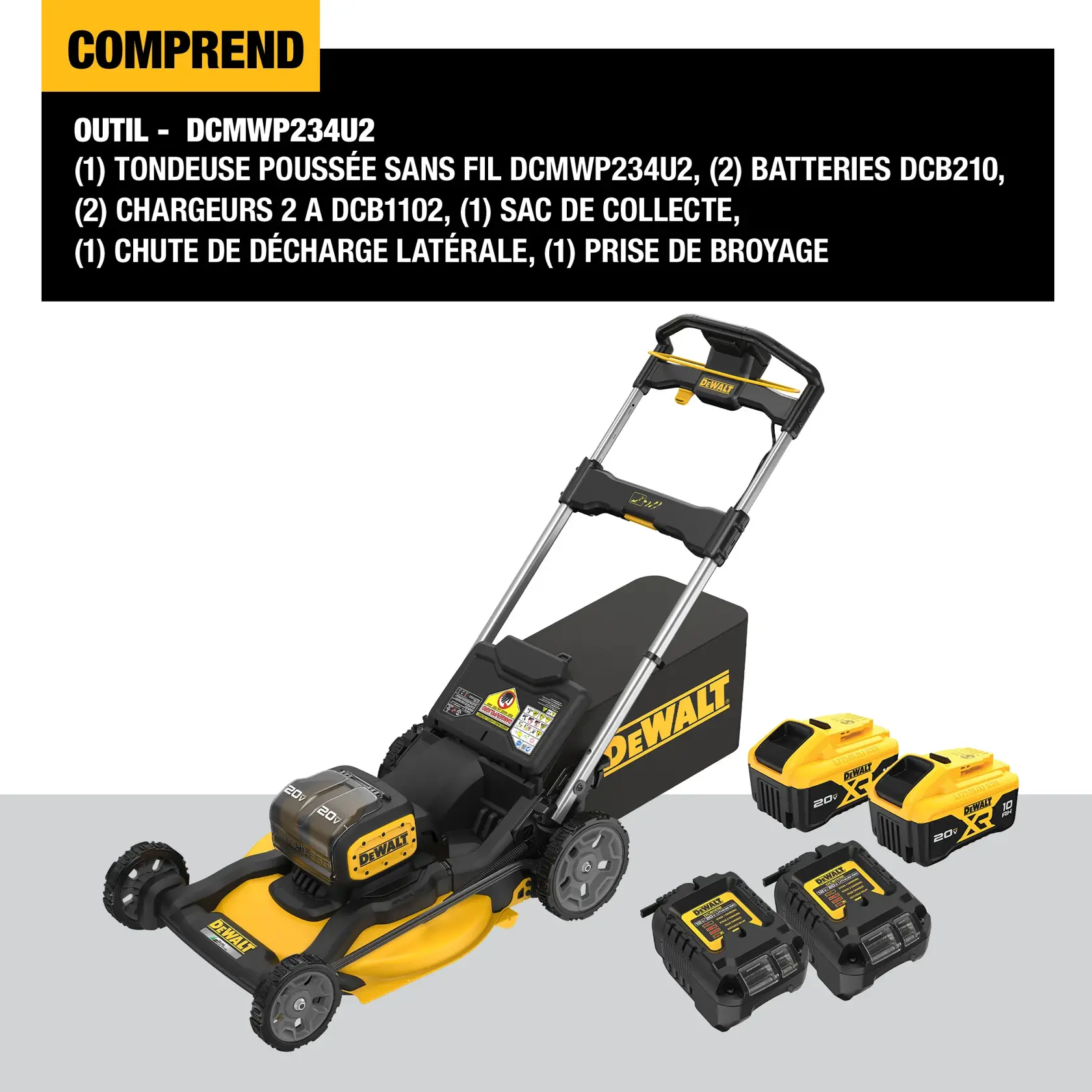 DEWALT® 2x20V MAX* XR 21-in. (533mm) Cordless Push Lawn Mower with (2) 10.0 Ah Batteries and Charger